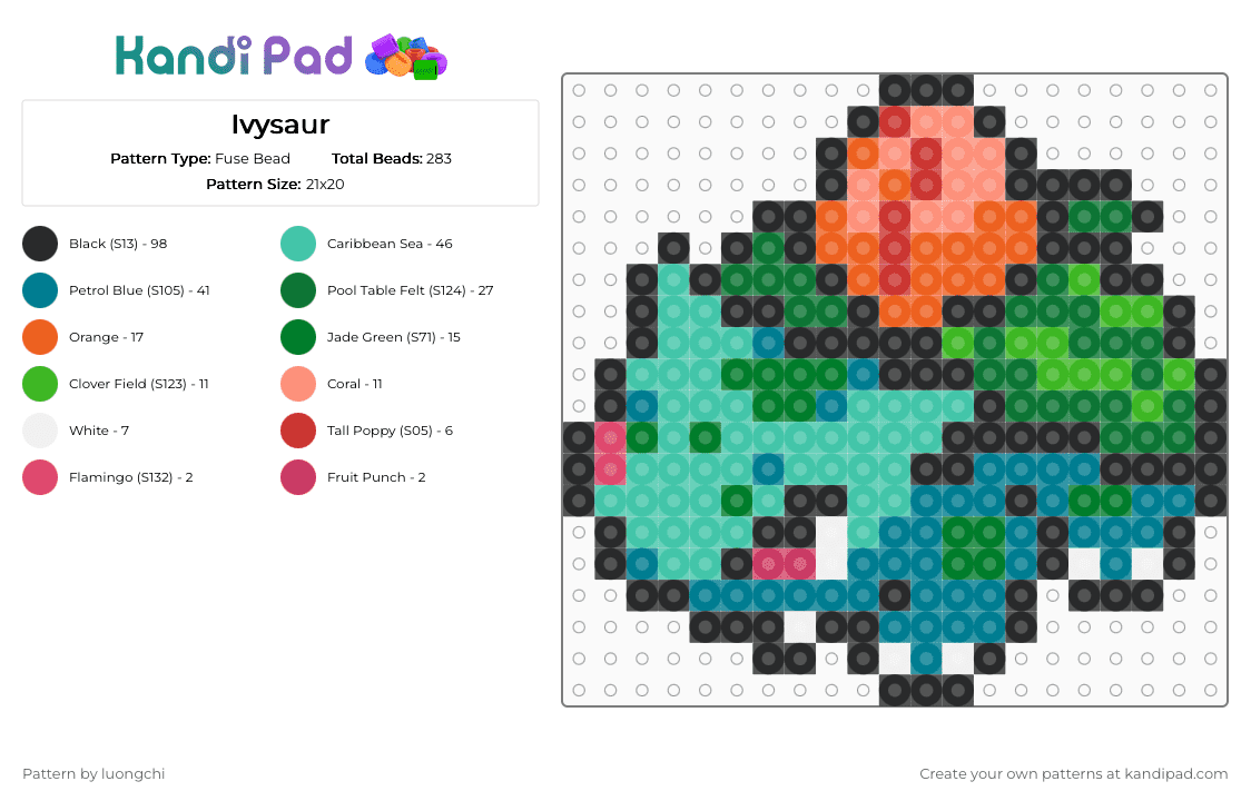 Ivysaur - Fuse Bead Pattern by luongchi on Kandi Pad - green, teal