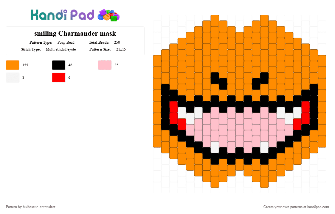 smiling Charmander mask - Pony Bead Pattern by bulbasaur_enthusiast on Kandi Pad - orange,pokemon,pokemon starter,charmander,mask,charmander mask