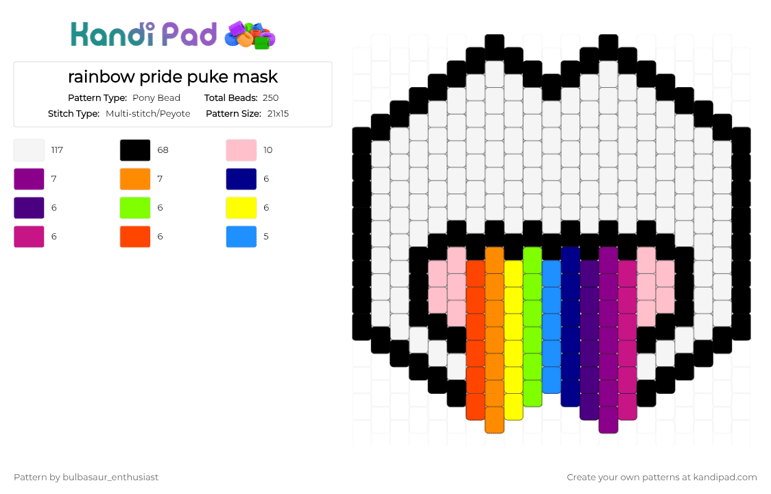 rainbow pride puke mask - Pony Bead Pattern by bulbasaur_enthusiast on Kandi Pad - white,purple,pink