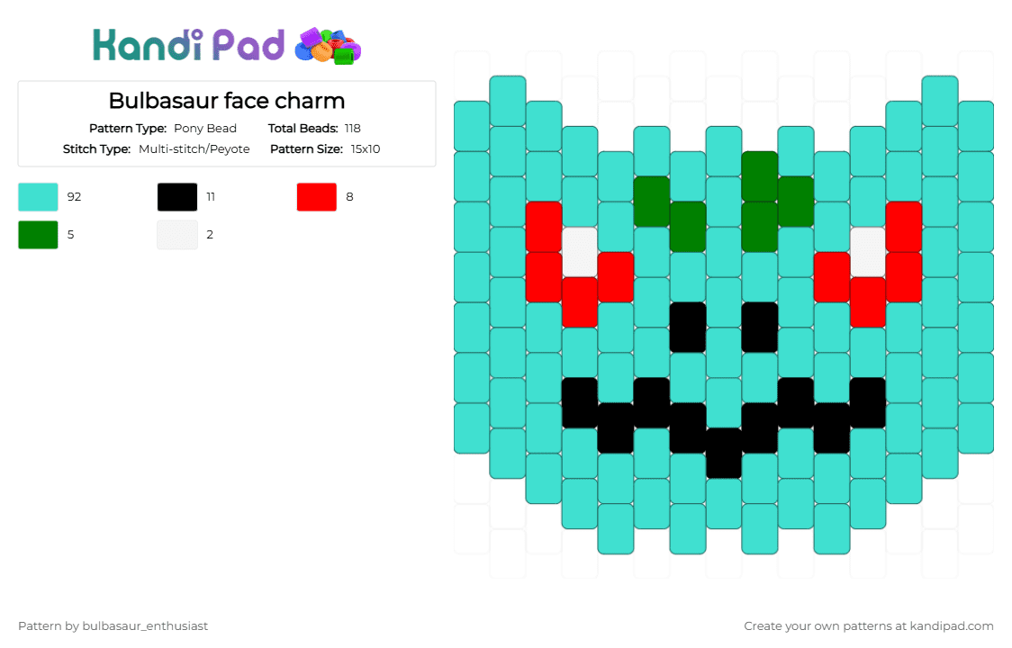 Bulbasaur face charm - Pony Bead Pattern by bulbasaur_enthusiast on Kandi Pad - bulbasaur, charm, grass type, light blue, pokemon