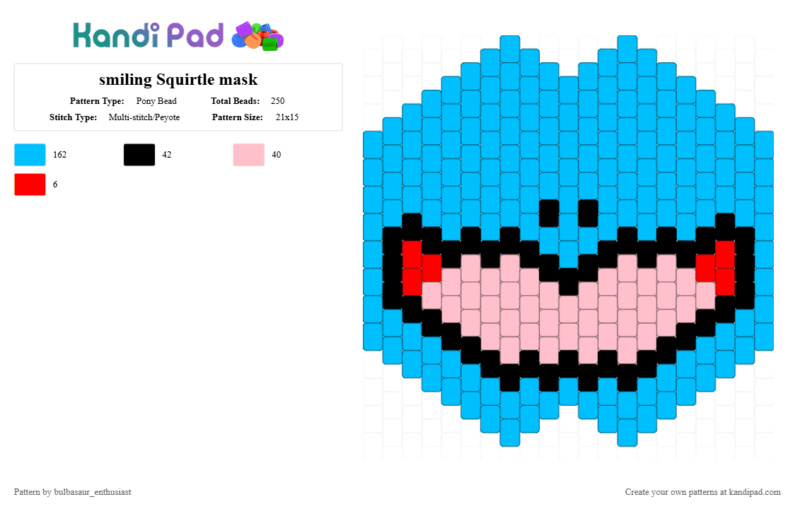 smiling Squirtle mask - Pony Bead Pattern by bulbasaur_enthusiast on Kandi Pad - light blue, mask, pokemon, pokemon starter, squirtle, squirtle mask