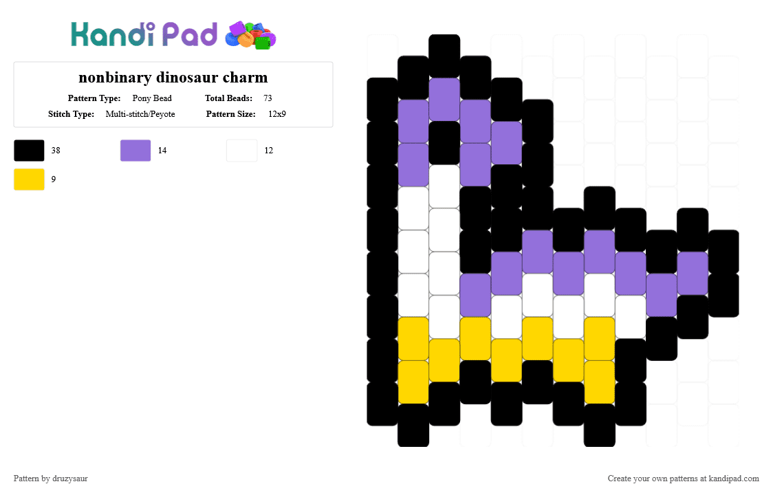 nonbinary dinosaur charm - Pony Bead Pattern by druzysaur on Kandi Pad - purple,yellow,dino,dinosaur,nonbinary,queer,lgbt