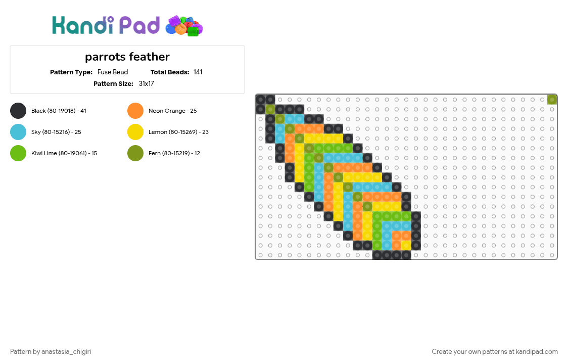 parrots feather - Fuse Bead Pattern by anastasia_chigiri on Kandi Pad - light blue, orange, yellow