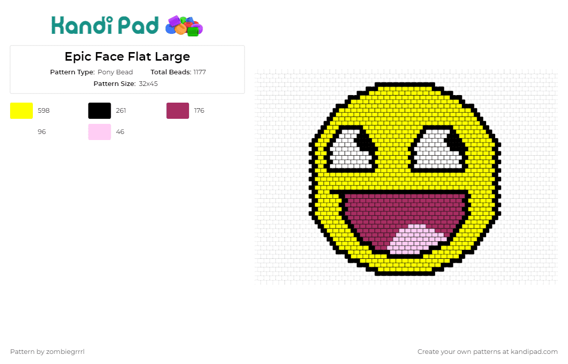 Epic Face Flat Large - Pony Bead Pattern by zombiegrrrl on Kandi Pad - smiley face,happy,smile