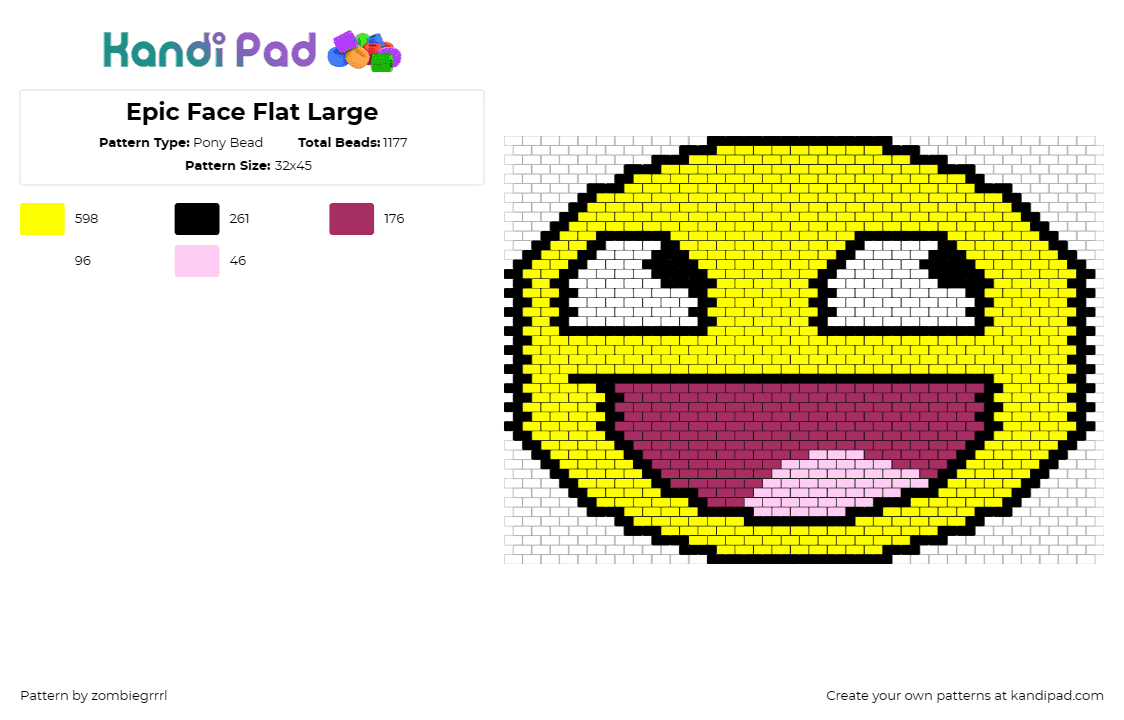 Epic Face Flat Large - Pony Bead Pattern by zombiegrrrl on Kandi Pad - smiley,happy,smile,eyes,face,mouth,yellow,pink