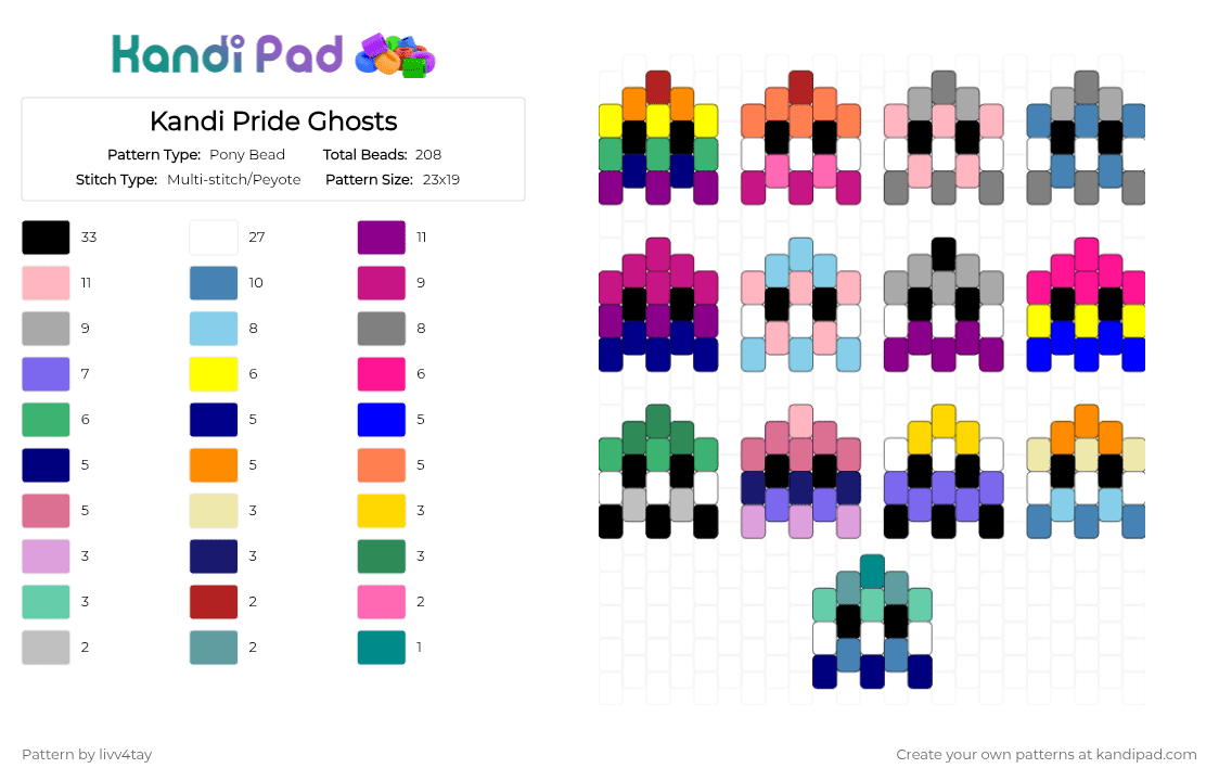 Kandi Pride Ghosts - Pony Bead Pattern by livv4tay on Kandi Pad - purple,pink,yellow,blue