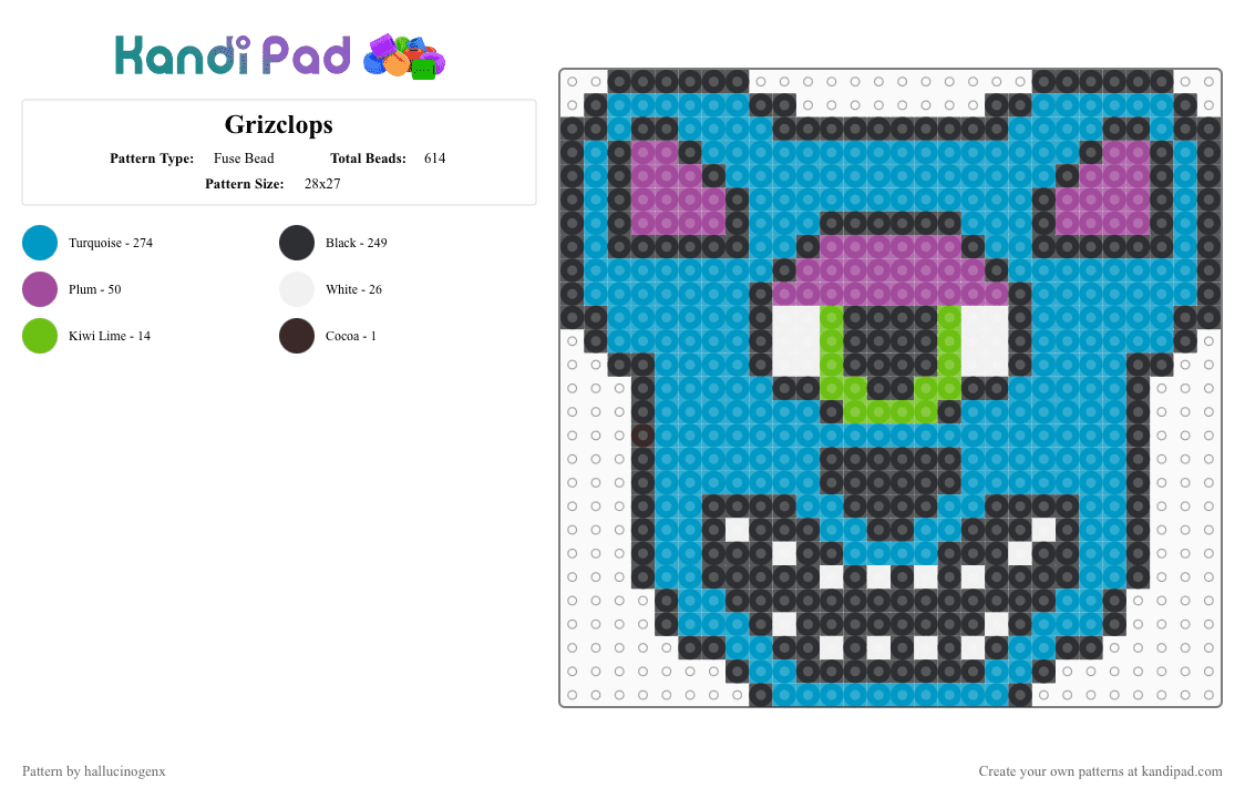 Grizclops - Fuse Bead Pattern by hallucinogenx on Kandi Pad - bear, cyclops, edm, griz, griztronics, light blue, rave, subtronics