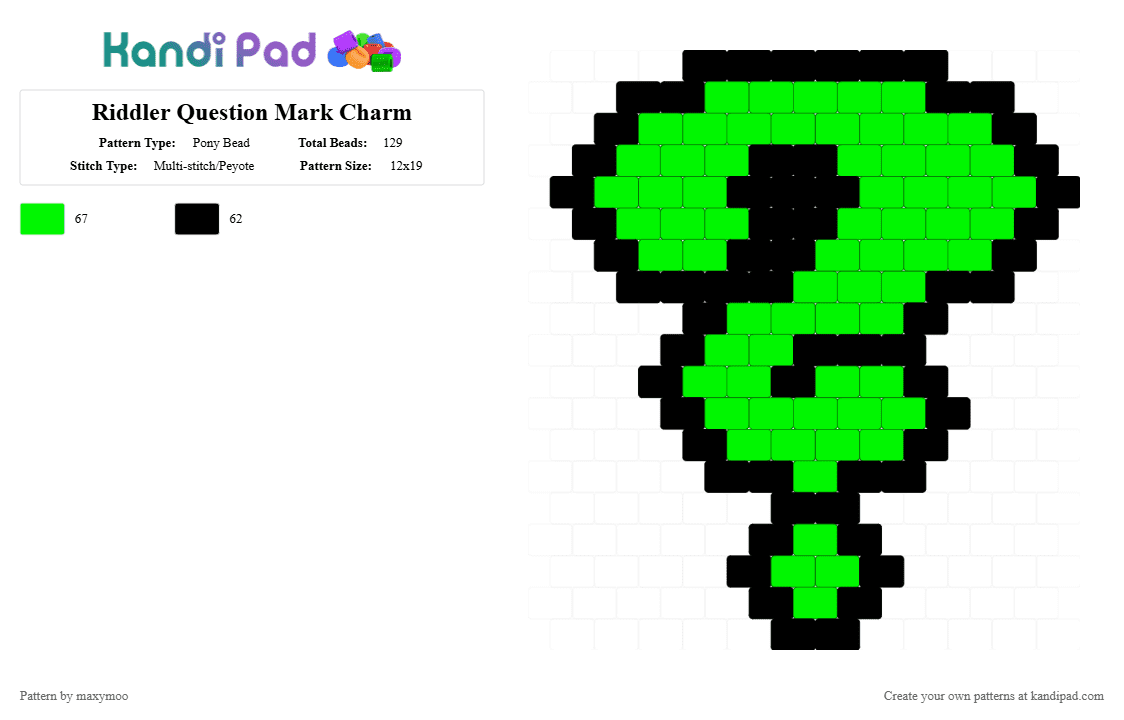 Riddler Question Mark Charm - Pony Bead Pattern by maxymoo on Kandi Pad - black,green,riddler,dc,edward nygma,superhero,supervillain,flat charm,brick stitch
