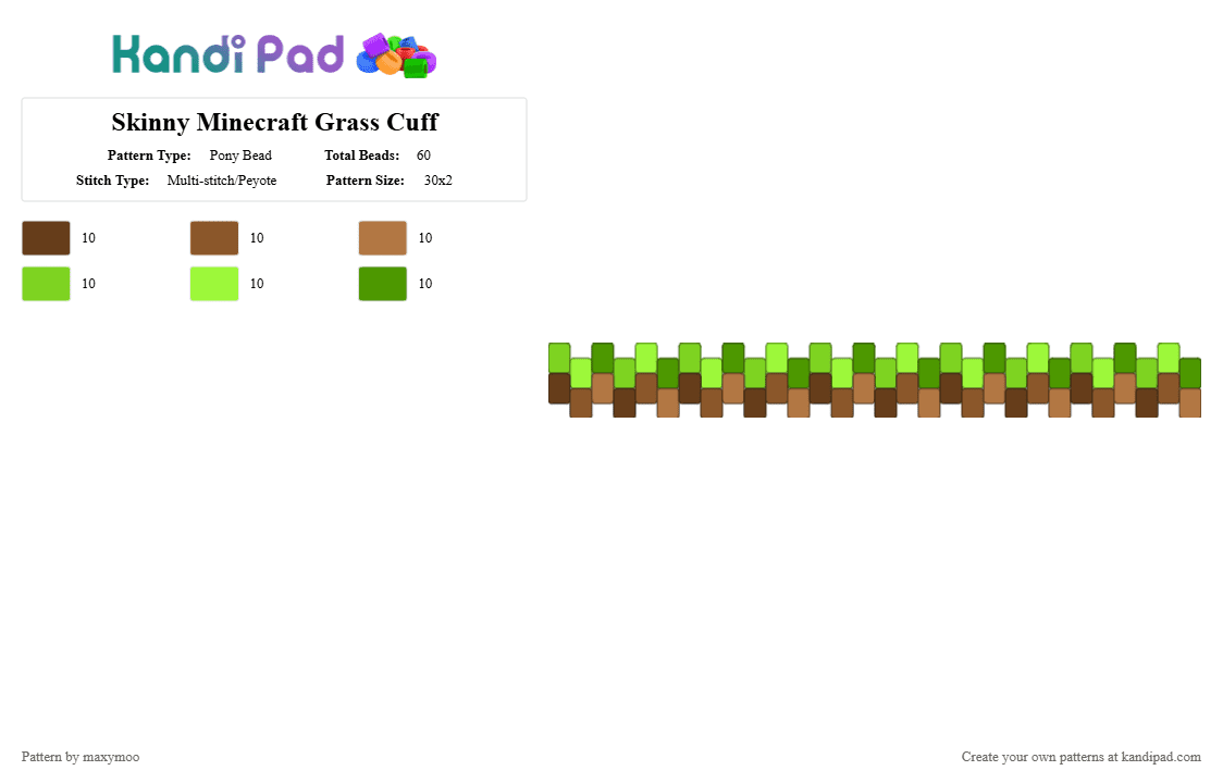 Skinny Minecraft Grass Cuff - Pony Bead Pattern by maxymoo on Kandi Pad - easy, grass block, green, minecraft, simple, small, tan, video games