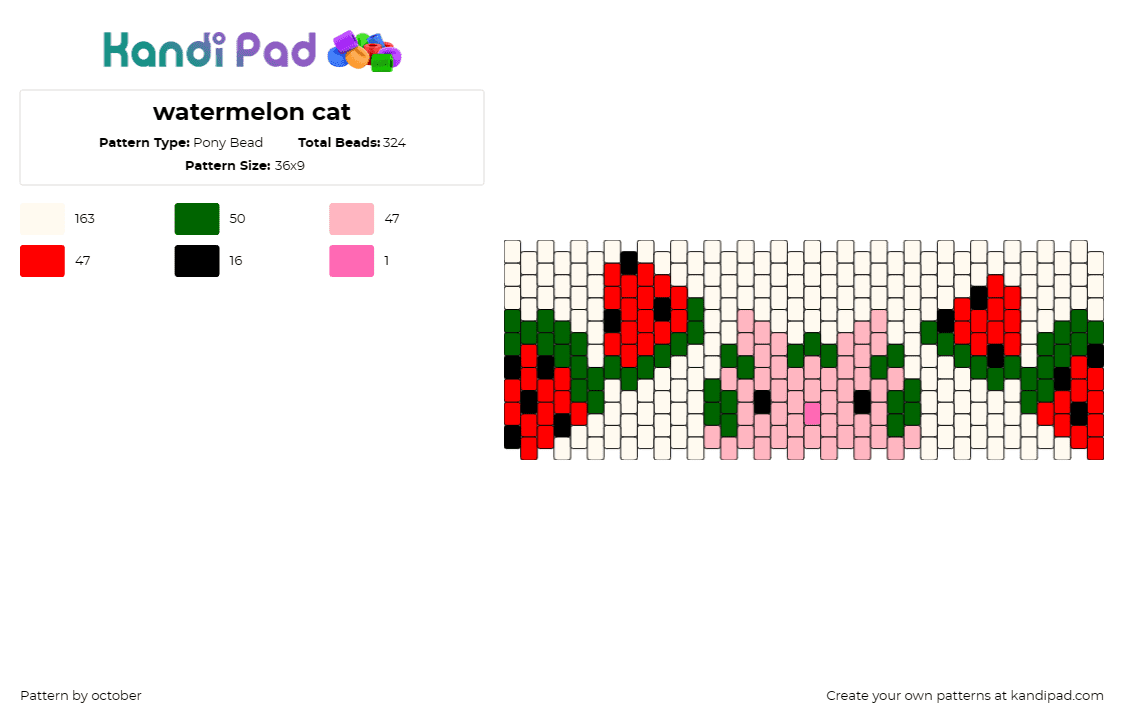 watermelon cat - Pony Bead Pattern by october on Kandi Pad - cat,watermelon,fruit,cute,animal,food,summer,cuff,red,pink,beige