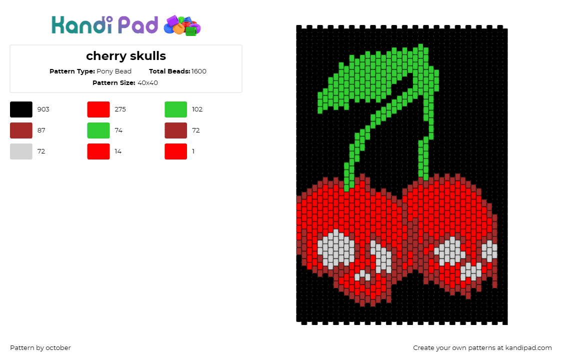 cherry skulls - Pony Bead Pattern by october on Kandi Pad - cherries,skulls,fruit,spooky,gothic,dark,panel,moon,green,red,black