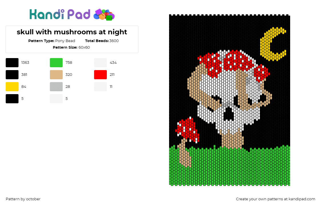 skull with mushrooms at night - Pony Bead Pattern by october on Kandi Pad - skull,mushrooms,nature,night,spooky,gothic,dark,panel,moon,green,red,white,black