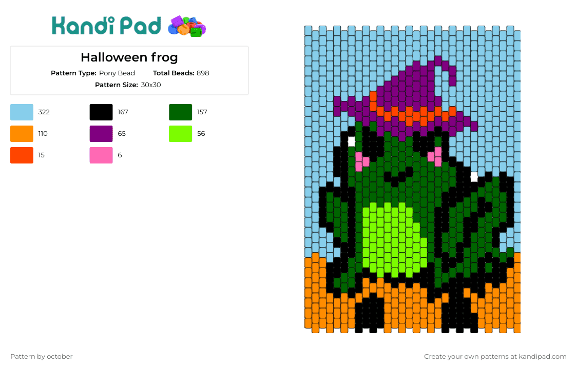 Halloween frog - Pony Bead Pattern by october on Kandi Pad - frog,witch,hat,halloween,animal,cute,panel,costume,green,purple,light blue