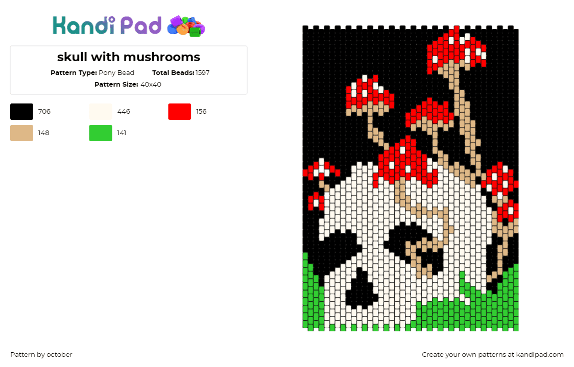 skull with mushrooms - Pony Bead Pattern by october on Kandi Pad - skull,mushrooms,panel,nature,spooky,halloween,grass,dark,beige,red