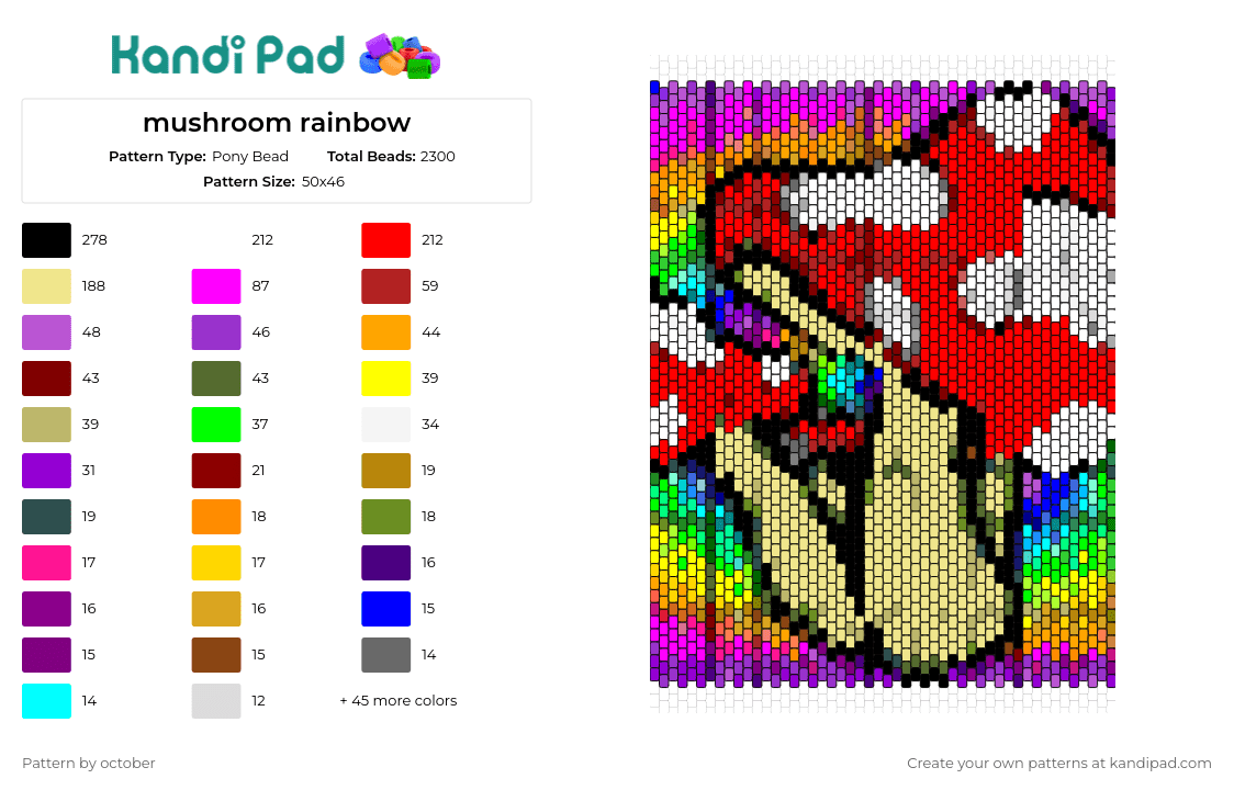 mushroom rainbow - Pony Bead Pattern by october on Kandi Pad - mushroom,rainbow,colorful,panel,trippy,beige,red