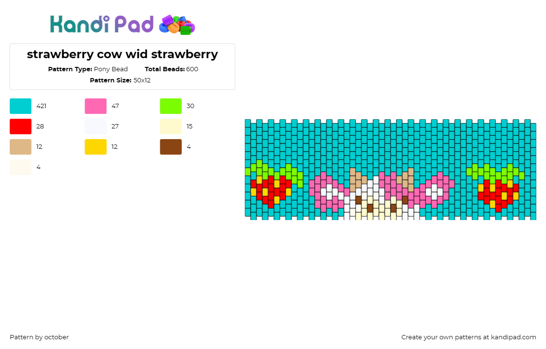 strawberry cow wid strawberry - Pony Bead Pattern by october on Kandi Pad - cow,strawberries,fruit,animal,farm,cute,squishmallow,cuff,teal,pink,red