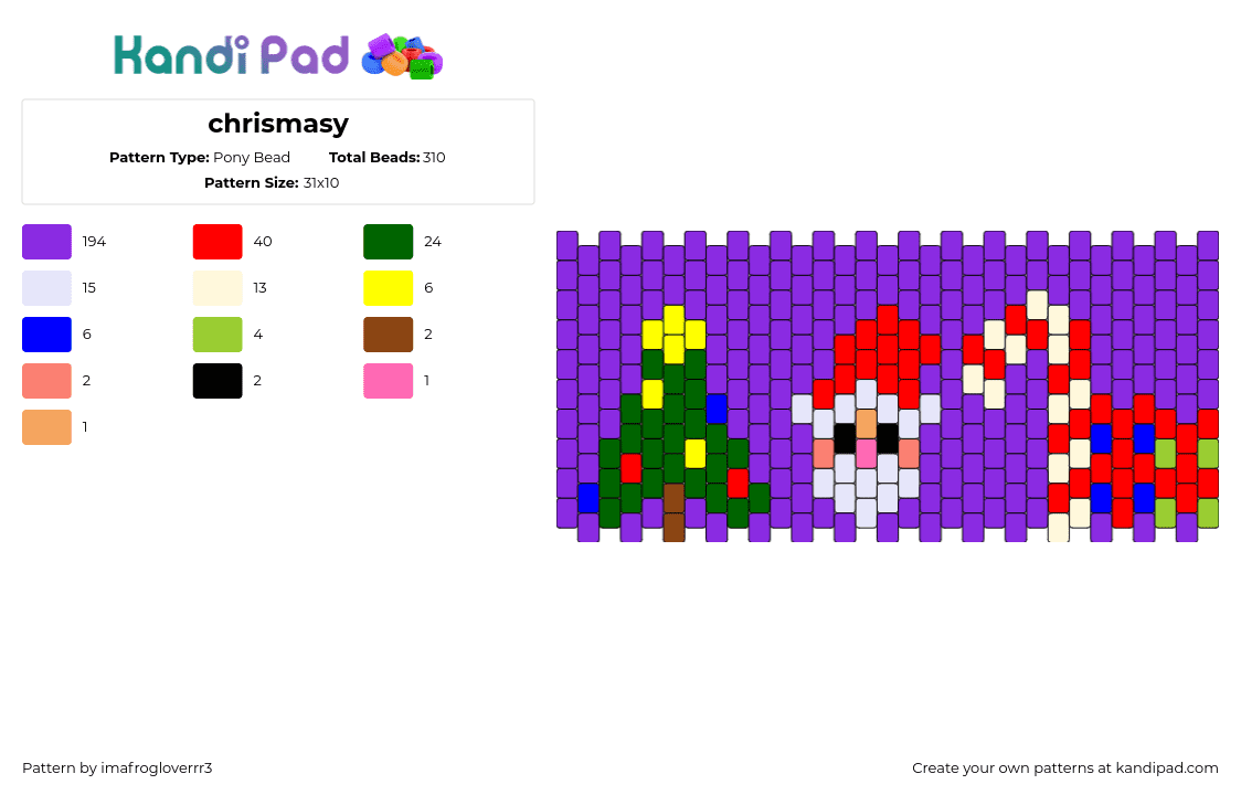 chrismasy - Pony Bead Pattern by imafrogloverrr3 on Kandi Pad - christmas,santa,candy cane,tree,holidya,cuff,purple,green,red