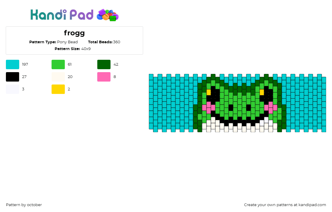 frogg - Pony Bead Pattern by october on Kandi Pad - frog,amphibian,animal,cuff,smile,happy,cute,teal,green