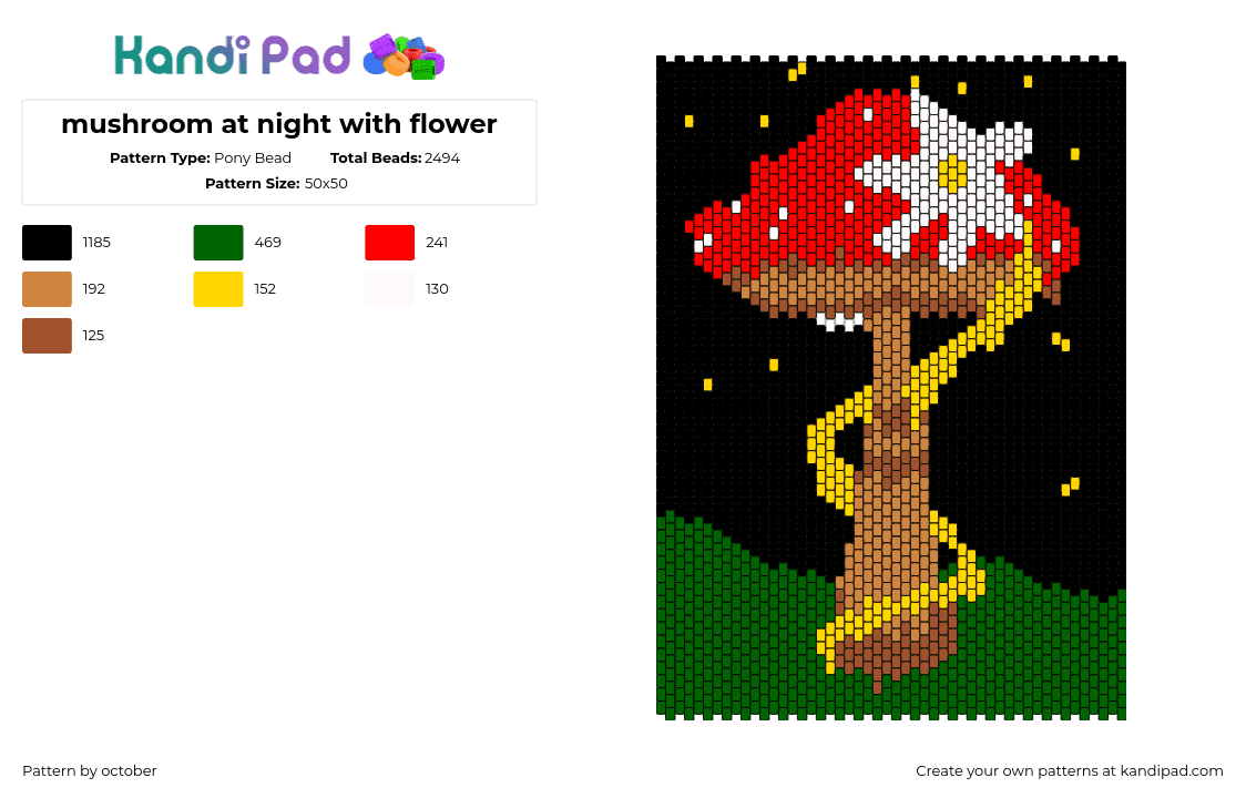 mushroom at night with flower - Pony Bead Pattern by october on Kandi Pad - mushroom,flower,landscape,night,dark,vine,panel,black,tan,red