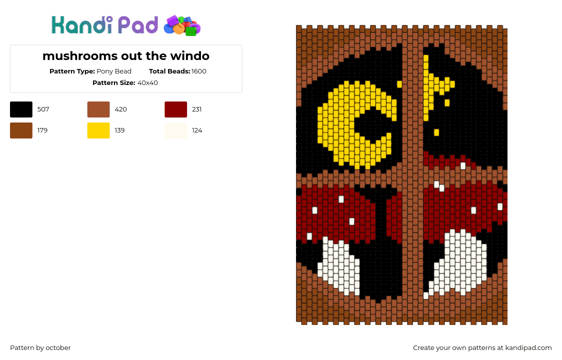 mushrooms out the windo - Pony Bead Pattern by october on Kandi Pad - window,night,mushrooms,moon,dark,brown,black,yellow