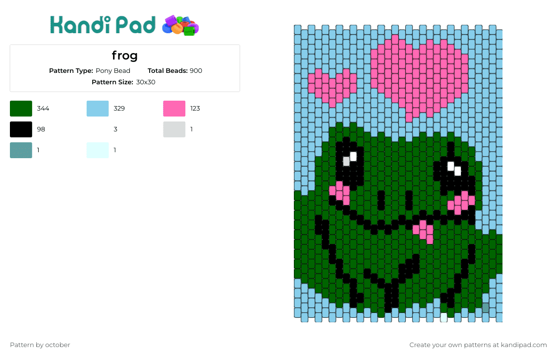 frog - Pony Bead Pattern by october on Kandi Pad - frog,hearts,amphibian,animal,cute,love,green,pink,panel,light blue