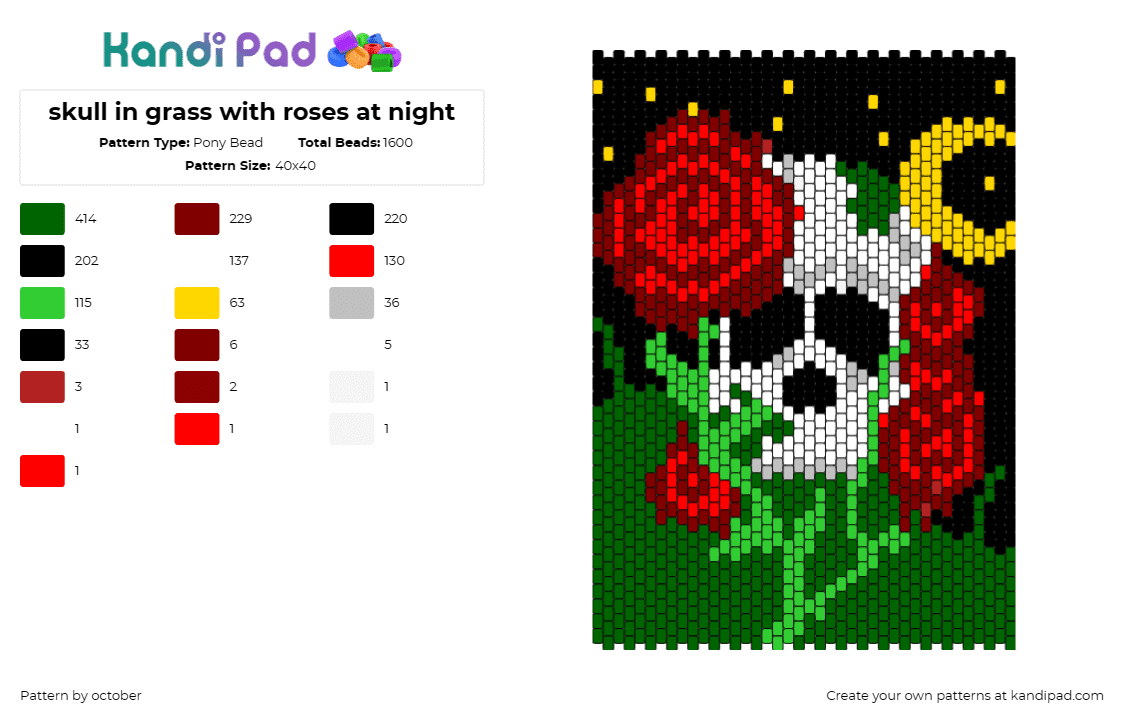 skull in grass with roses at night - Pony Bead Pattern by october on Kandi Pad - roses,skull,flowers,night,gothic,dark,spooky,halloween,panel,moon,green,red,whit