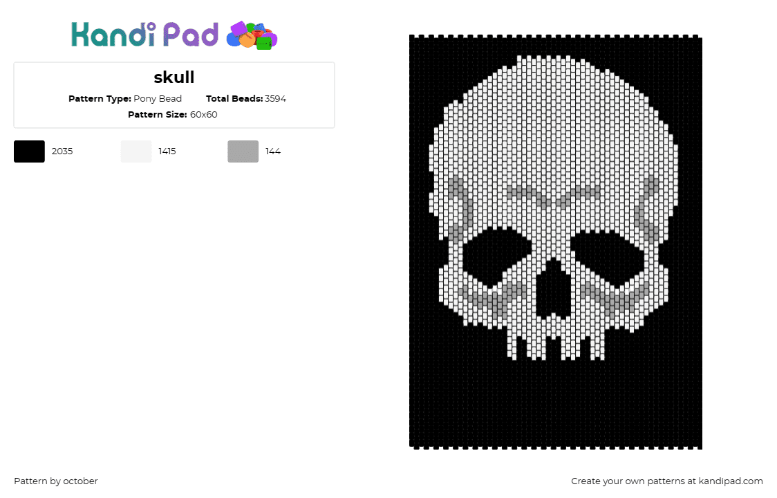 skull - Pony Bead Pattern by october on Kandi Pad - skull,skeleton,head,spooky,halloween,panel,death,black,white