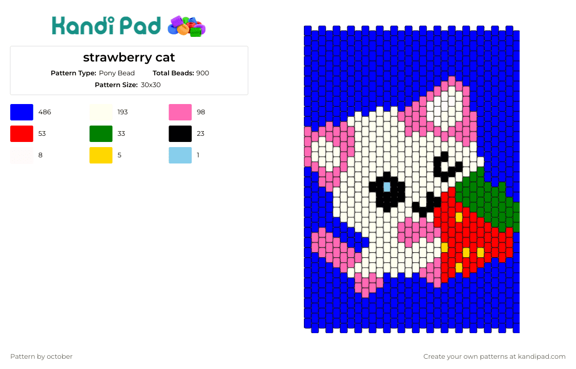 strawberry cat - Pony Bead Pattern by october on Kandi Pad - cat,starwberry,cute,animal,fruit,panel,white,pink,red,blue