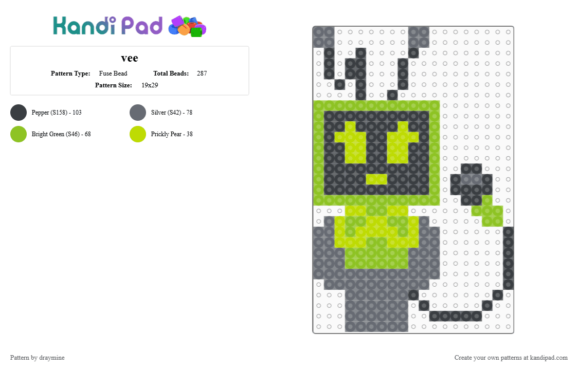 vee - Fuse Bead Pattern by draymine on Kandi Pad - gray,green,vee,dandys world,dandys world roblox,roblox,chibi,small,under 30 px,fragile