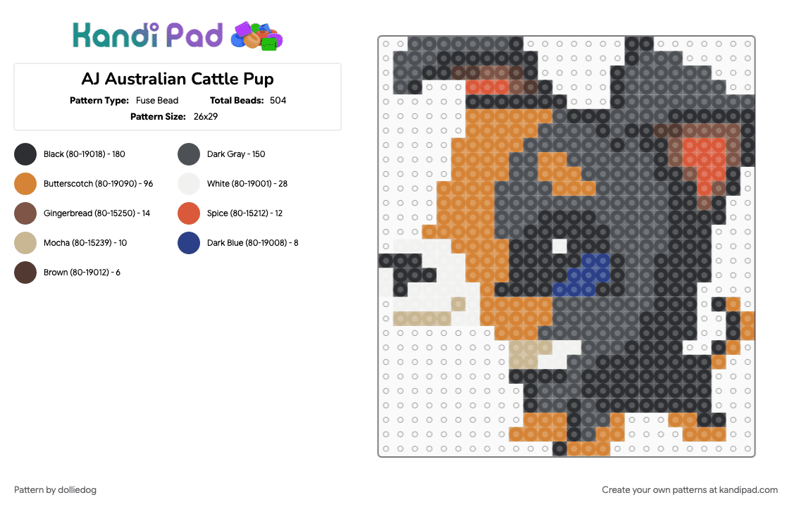 AJ Australian Cattle Pup - Fuse Bead Pattern by dolliedog on Kandi Pad - aj, animal, animal jam, australian cattle dog, dog, gray, orange, puppy, video game