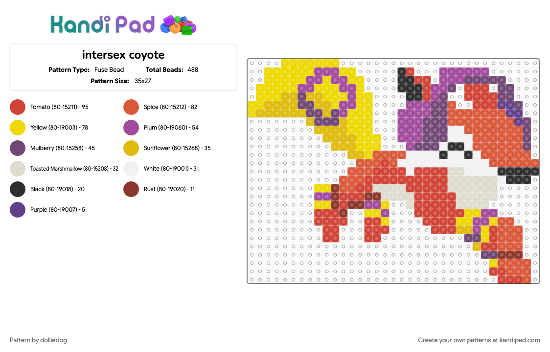 intersex coyote - Fuse Bead Pattern by dolliedog on Kandi Pad - animal, animal jam, coyote, intersex, lgbt, pink, pride, red, video game, yellow