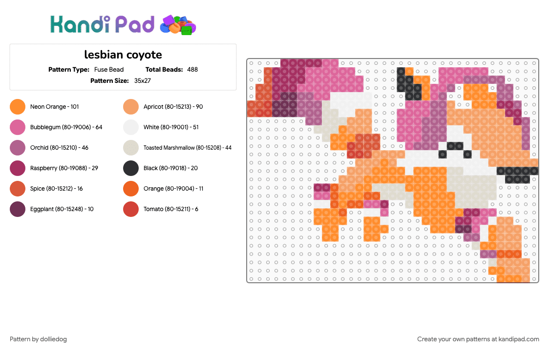 lesbian coyote - Fuse Bead Pattern by dolliedog on Kandi Pad - animal, animal jam, coyote, lesbian, lgbt, orange, pink, video game