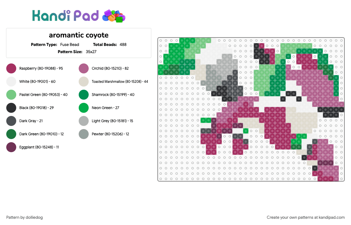 aromantic coyote - Fuse Bead Pattern by dolliedog on Kandi Pad - animal, animal jam, aro, aromantic, coyote, green, lgbt, pink, pride, video game