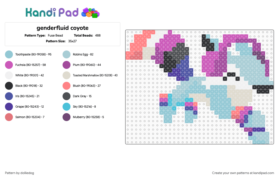 genderfluid coyote - Fuse Bead Pattern by dolliedog on Kandi Pad - animal, animal jam, coyote, fluid, genderfluid, lgbt, light blue, pink, pride, video game