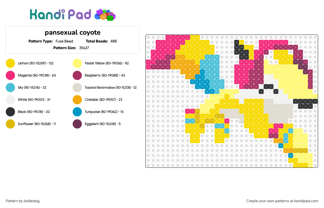 pansexual coyote - Fuse Bead Pattern by dolliedog on Kandi Pad - animal, animal jam, bi, lgbt, pan, pansexual, pink, pride, video game, yellow