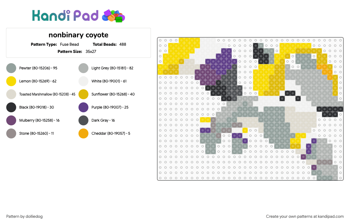 nonbinary coyote - Fuse Bead Pattern by dolliedog on Kandi Pad - animal, animal jam, beige, coyote, gray, lgbt, nonbinary, trans, transgender, video game, yellow