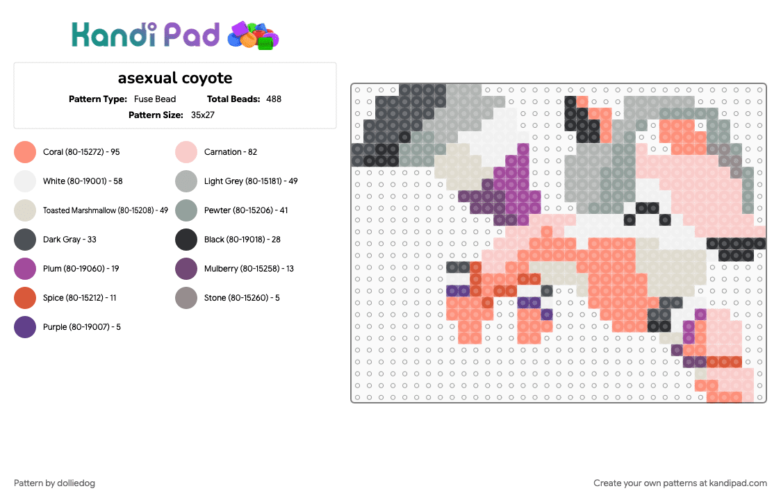asexual coyote - Fuse Bead Pattern by dolliedog on Kandi Pad - ace, animal, animal jam, asexual, beige, coyote, gray, lgbt, orange, pride, video game