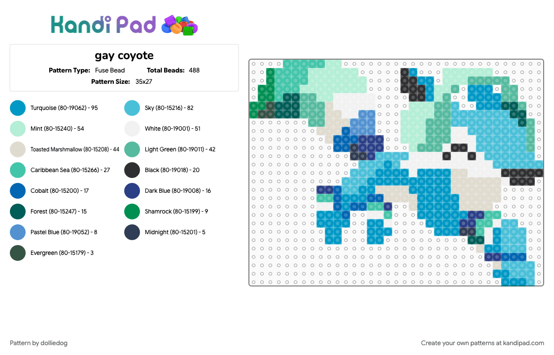 gay coyote - Fuse Bead Pattern by dolliedog on Kandi Pad - animal, animal jam, coyote, gay, lgbt, light blue, mlm, teal, video game
