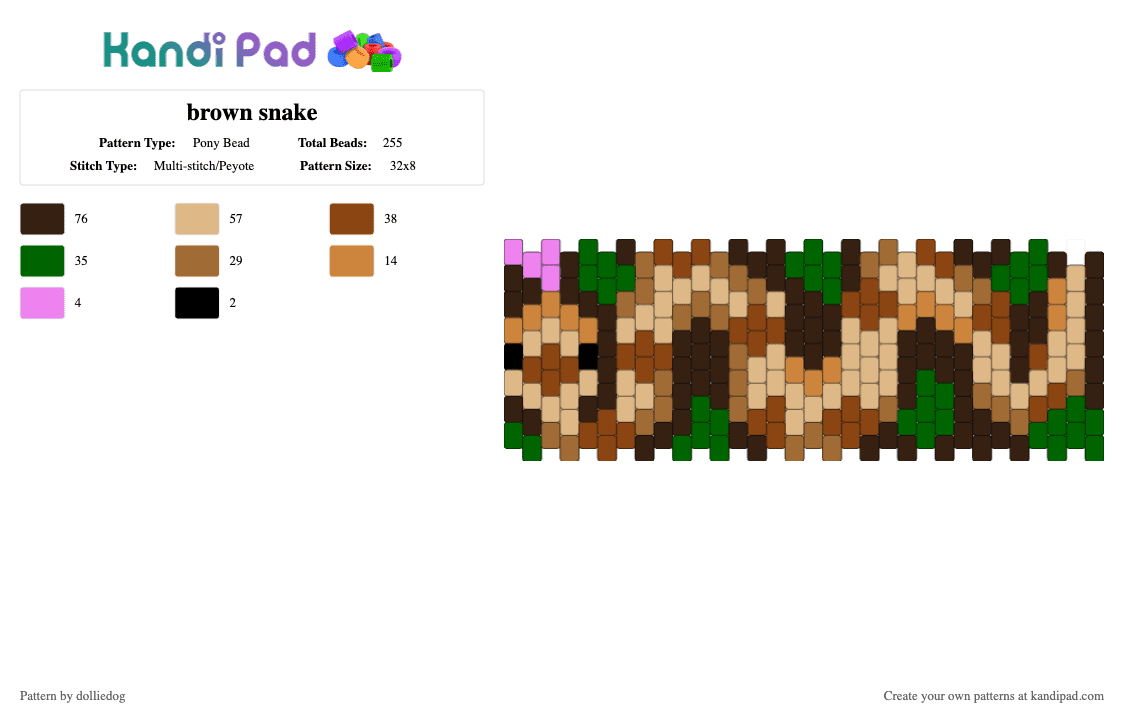 brown snake - Pony Bead Pattern by dolliedog on Kandi Pad - brown,green,red,beige
