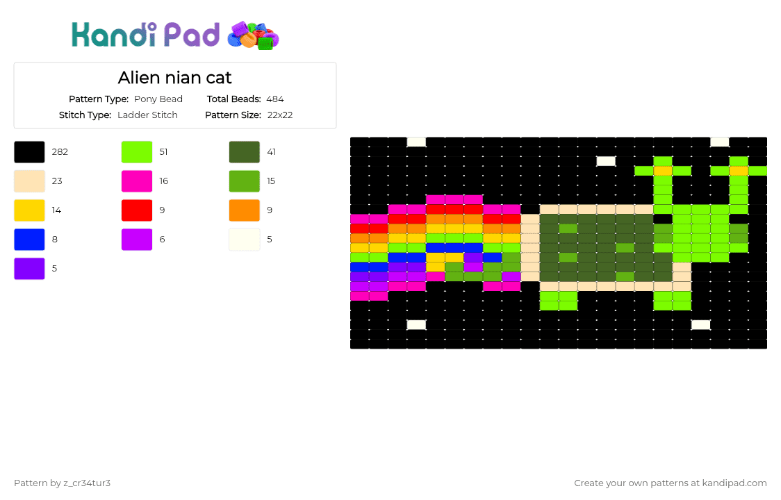 Alien nian cat - Pony Bead Pattern by z_cr34tur3 on Kandi Pad - beige, black, gold, green
