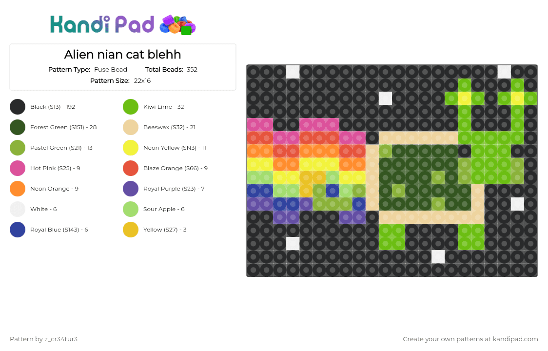 Alien nian cat blehh - Fuse Bead Pattern by z_cr34tur3 on Kandi Pad - black,green,beige,gold