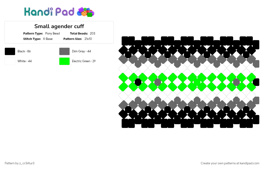 Small agender cuff - Pony Bead Pattern by z_cr34tur3 on Kandi Pad - gray, green