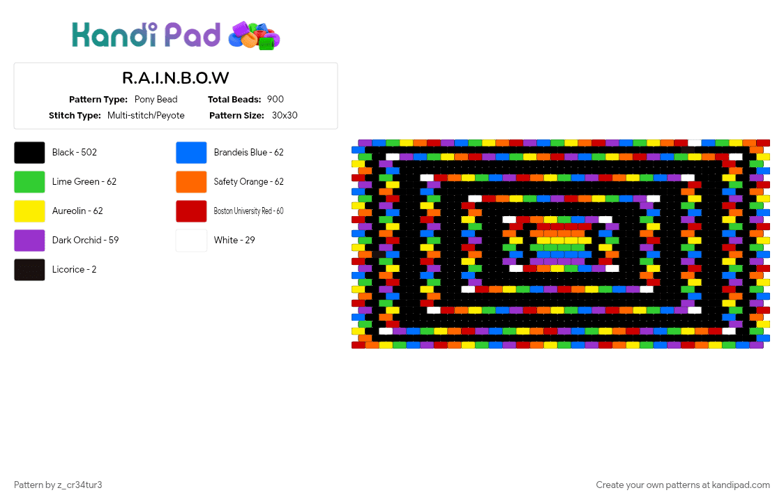R.A.I.N.B.O.W - Pony Bead Pattern by z_cr34tur3 on Kandi Pad - black, blue, colorful, orange, yellow