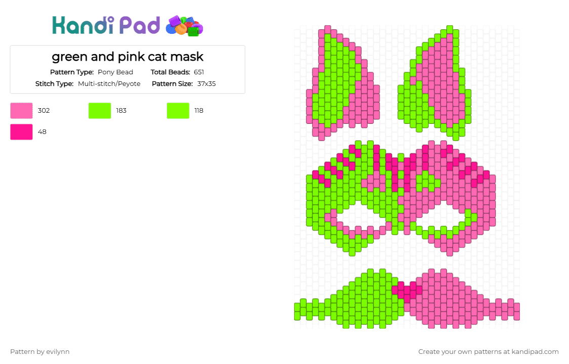 green and pink cat mask - Pony Bead Pattern by evilynn on Kandi Pad - green,pink
