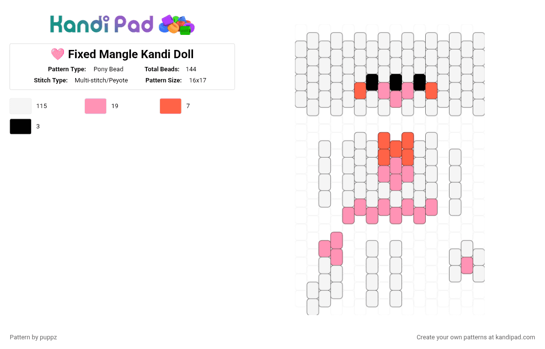 🩷 Fixed Mangle Kandi Doll - Pony Bead Pattern by puppz on Kandi Pad - white,red,pink