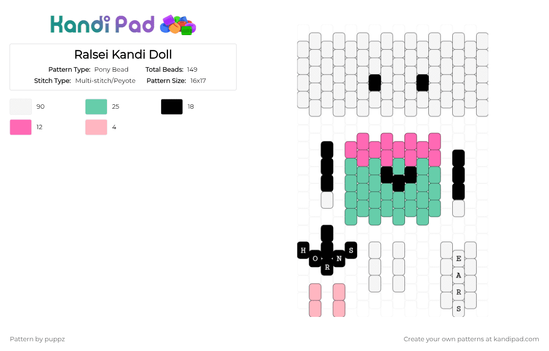 Ralsei Kandi Doll - Pony Bead Pattern by puppz on Kandi Pad - pink, teal, white