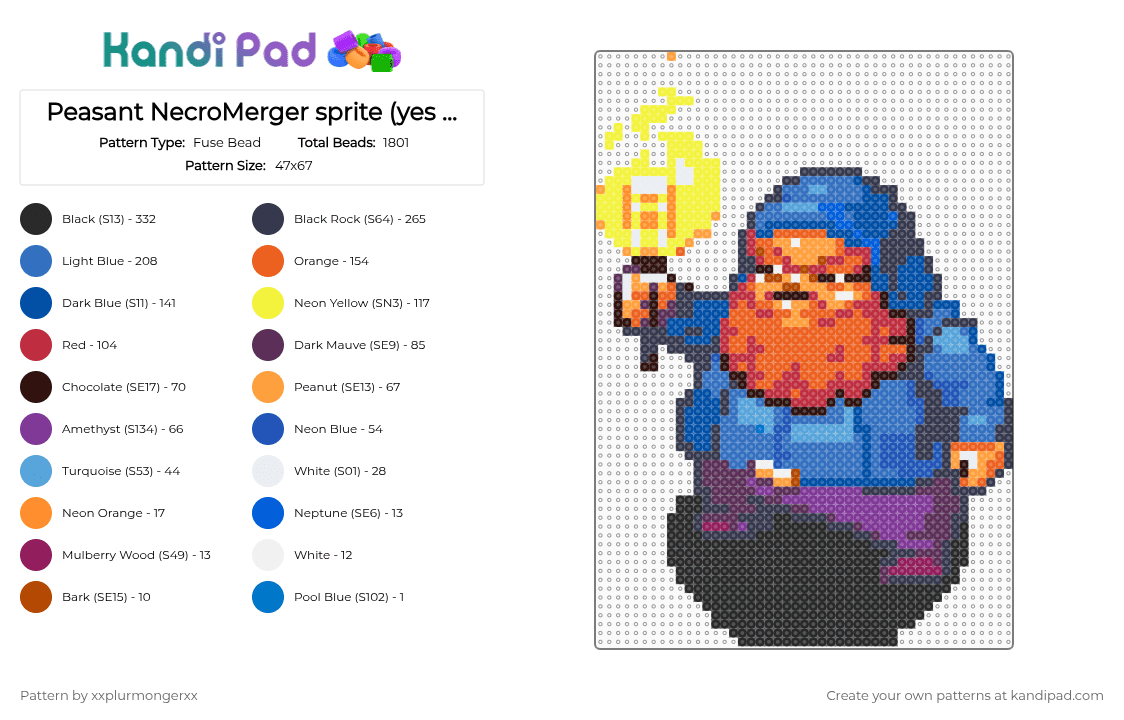 Peasant NecroMerger sprite (yes shadow ver) - Fuse Bead Pattern by xxplurmongerxx on Kandi Pad - orange,blue,purple,pink,necromerger,peasant,caseoh