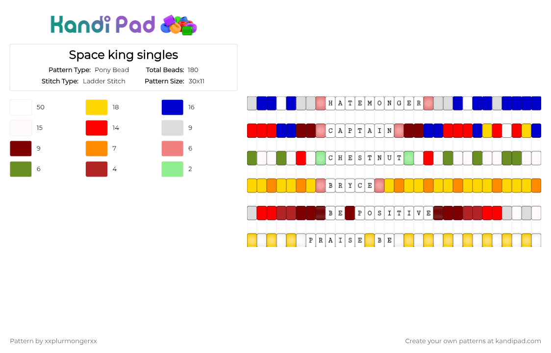 Space king singles - Pony Bead Pattern by xxplurmongerxx on Kandi Pad - white,red,purple,yellow,space,king,spaceking,positive