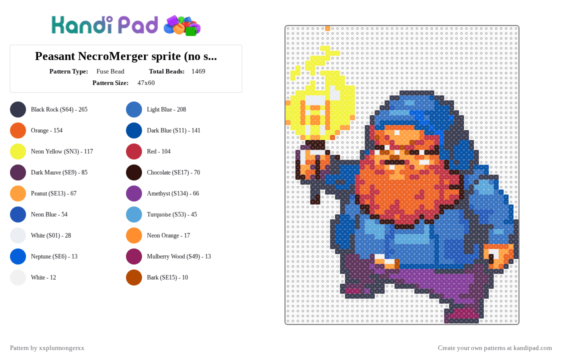 Peasant NecroMerger sprite (no shadow version - Fuse Bead Pattern by xxplurmongerxx on Kandi Pad - orange,blue,purple,pink,necromerger,peasant,caseoh