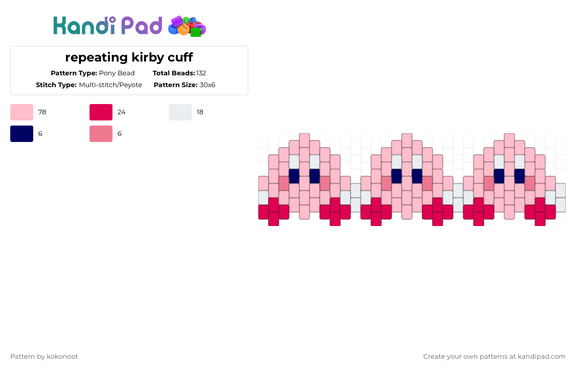 repeating kirby cuff - Pony Bead Pattern by kokonoot on Kandi Pad - kirby,cuff,nintendo,repeating,video game,gaming,pink